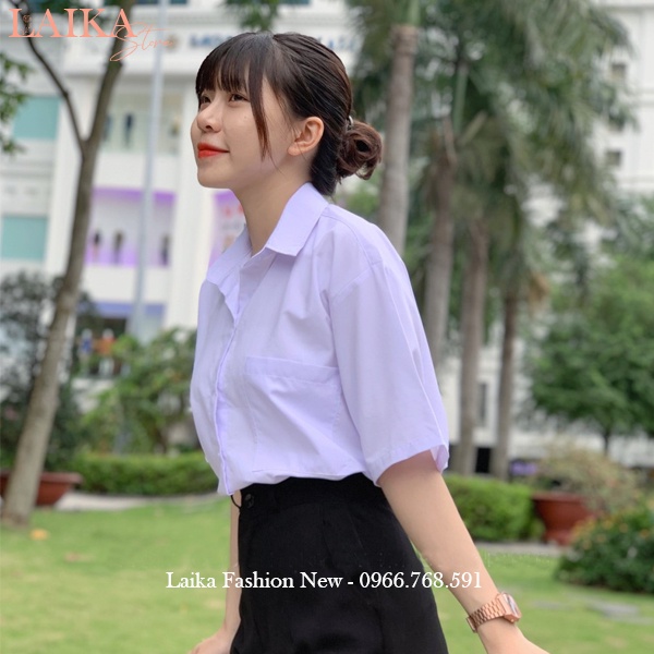 Áo sơ mi trắng đi học form rộng tay lỡ có túi cổ bẻ V kiểu áo sơ mi học sinh rộng tay ngắn màu trắng xanh đi học vải mát