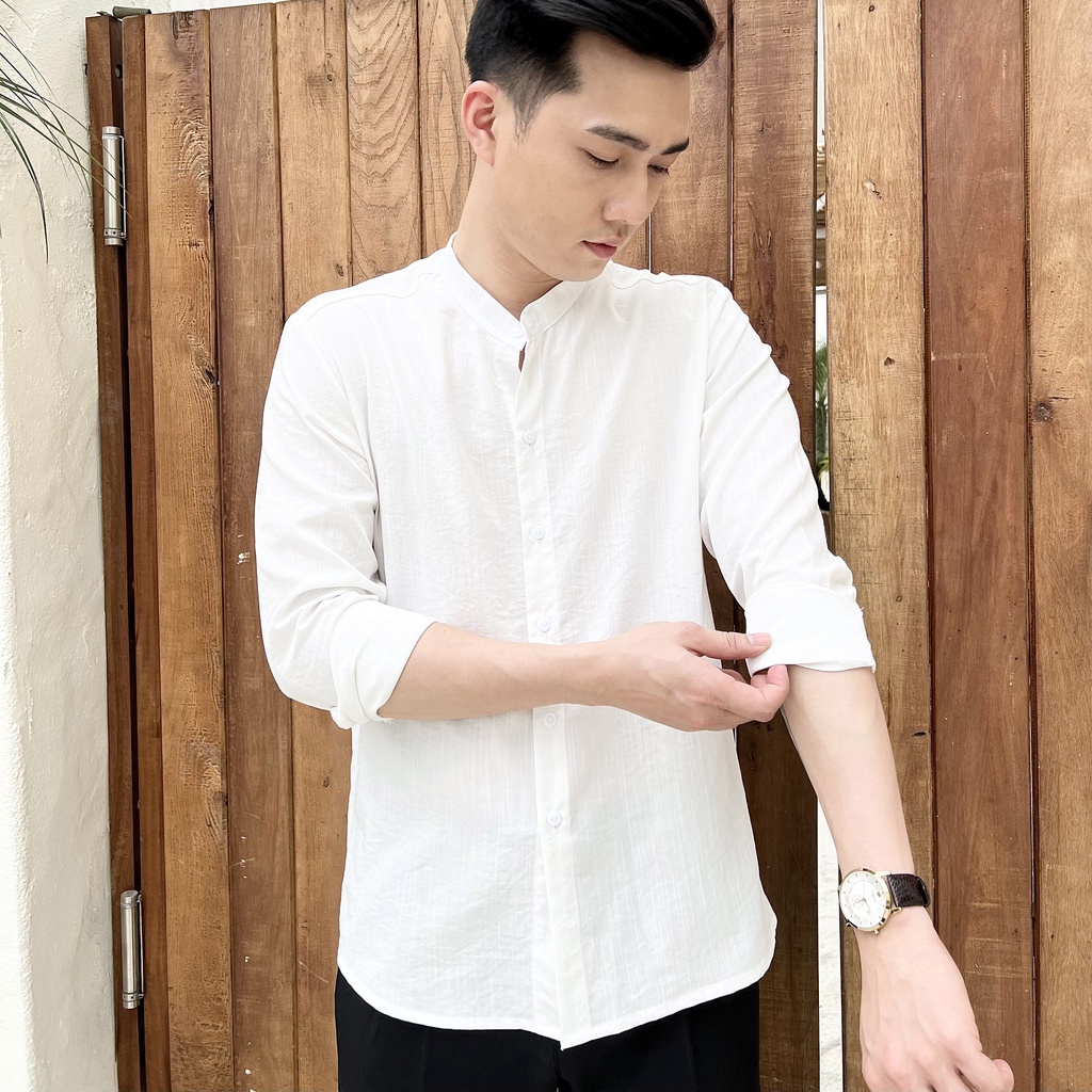 Áo sơ mi nam dài tay cổ tàu dáng ôm body hàn quốc vải mịn mát, áo so mi nam dai tay cổ trụ không nhăn A01