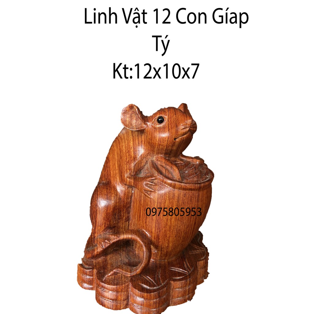 Linh Vật 12 Con giáp Tuổi tý gỗ hương nguyên khối cao 12 rộng 10 sâu 7