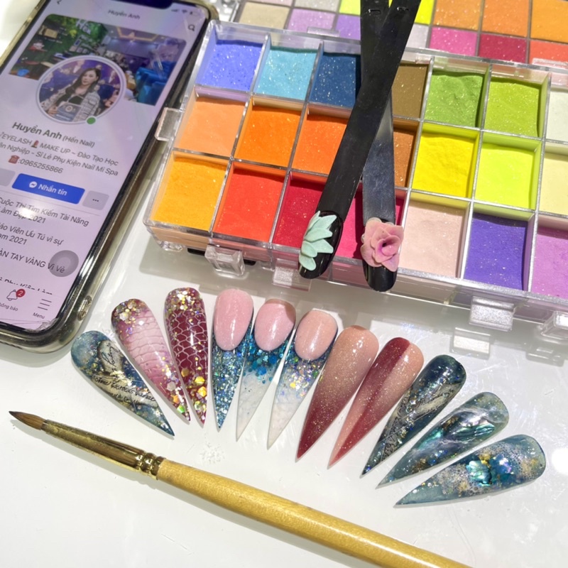 Khay 24 ô bột màu mỹ, bột nail 4in1 dùng đắp phom móng, hoa bột, đắp omber, nhúng bao chuẩn của mỹ