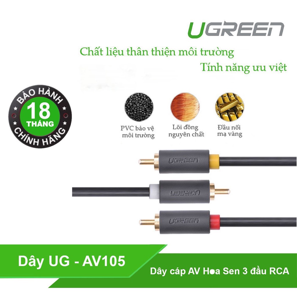 Dây AV 3 Đầu Hoa Sen  Cao Cấp UGreen AV105 - BH 18T Chính Hãng