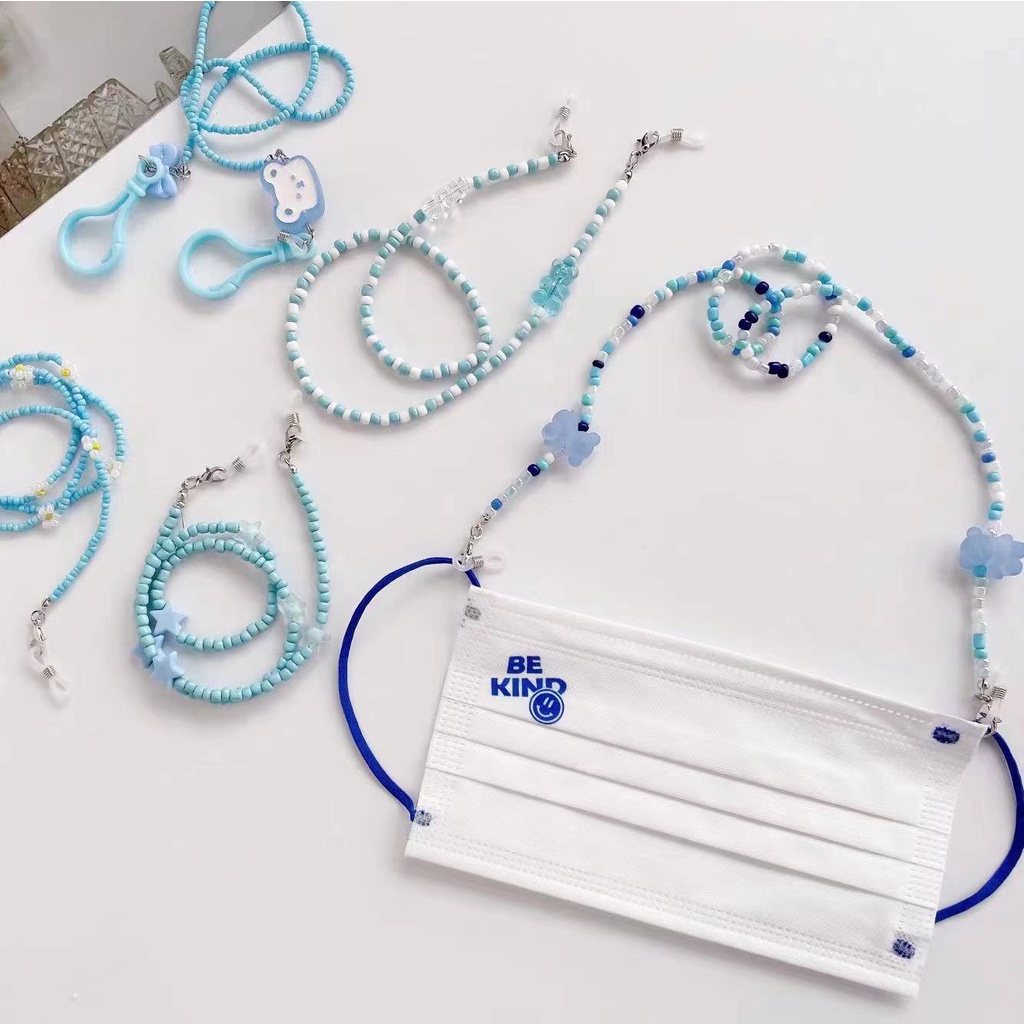 Dây Đeo Mắt Kính Xâu Hạt Xanh Dương Hình Gấu Hoạt Hình Đơn Giản Phong Cách Hàn Quốc Mới