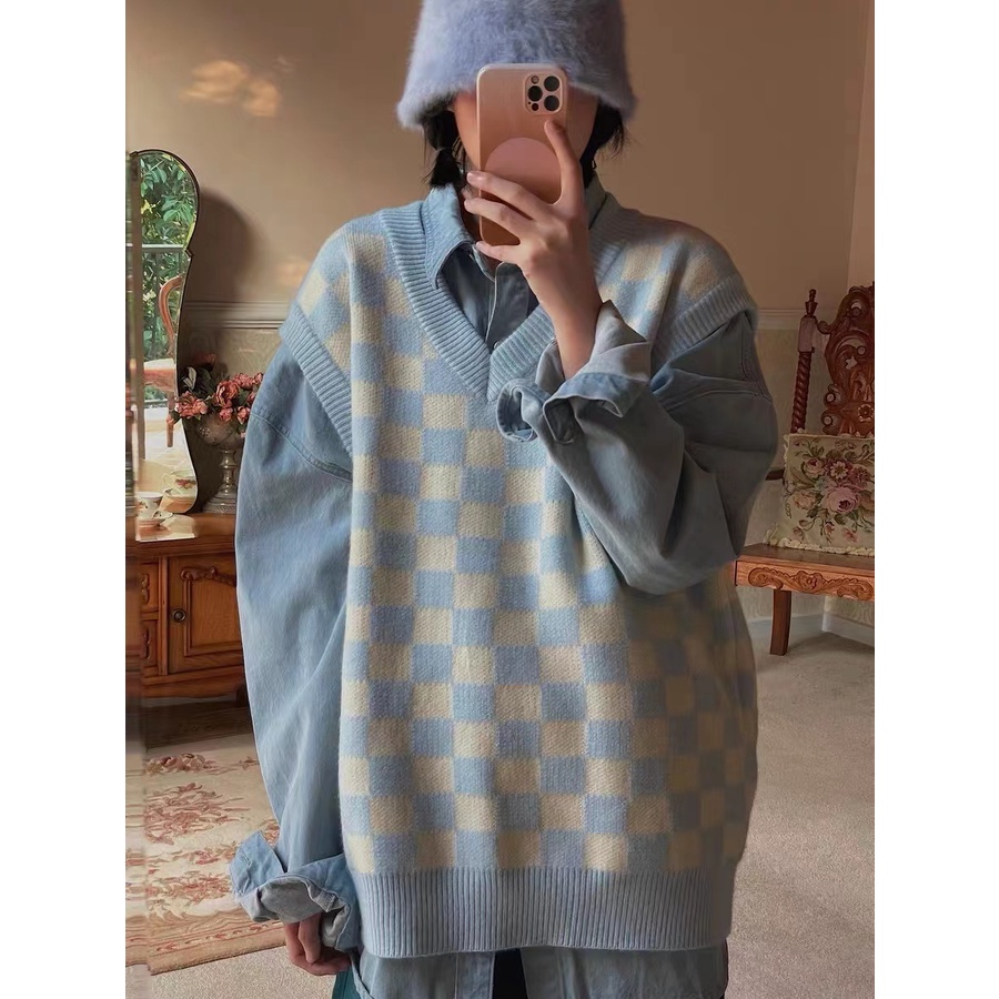 Áo Len Không Tay Dáng Rộng Họa Tiết Sọc Caro Cho Nữ