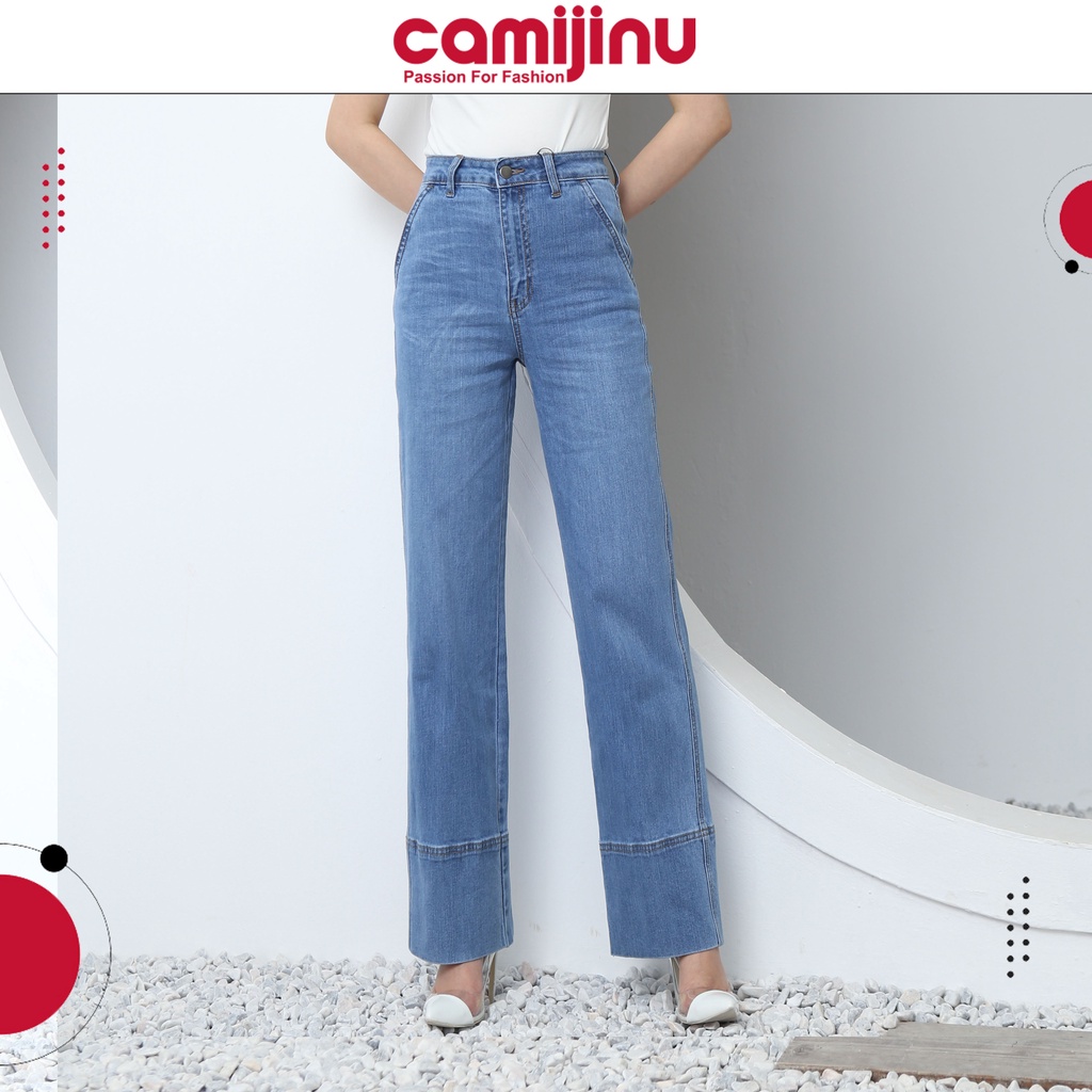 Quần Jeans Nữ Suông Túi Chéo, Gấu To, Dáng Dài Màu Xanh Đậm - Thương Hiệu Camijinu