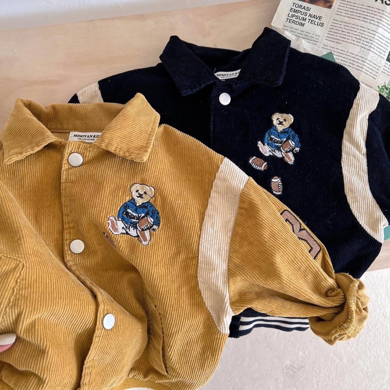 Áo khoác nhung tăm bé trai bé gái họa tiết thêu gấu đóng cúc trẻ em cổ bẻ màu vàng xanh đen vintage