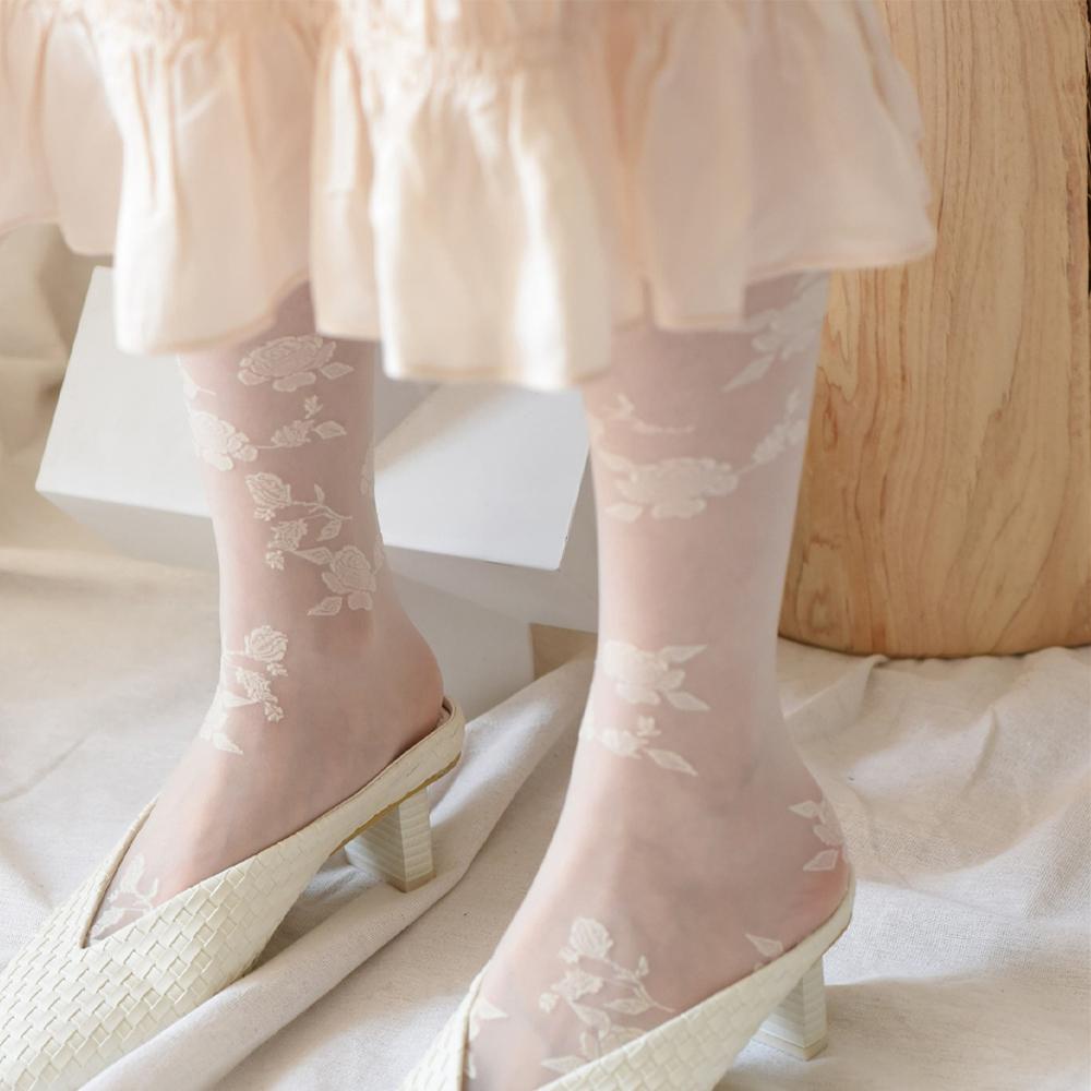 Vớ Ống Lửng Bằng Lụa Thủy Tinh Trong Suốt Họa Tiết Hoa Hồng Gợi Cảm Cho Nữ