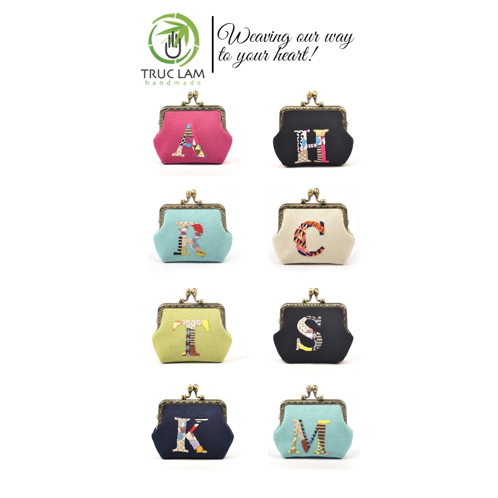 Ví Xu Cầm Tay Mini Khóa Nẹp Đồng Vải Canvas Thêu Tay Họa Tiết Chữ Cái - Trúc Lâm Handmade