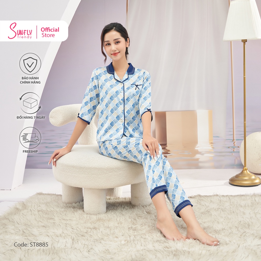Bộ Đồ Mặc Nhà Nữ Pijamas Lụa Sunfly Áo Tay Lỡ Quần Dài St8885