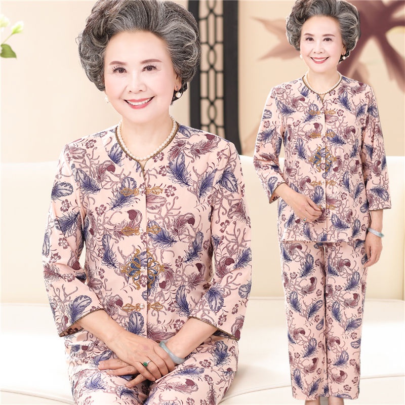 Bộ đồ dài tay lụa băng mùa xuân và mùa hè của bà, bộ đồ hai mảnh ngắn tay người già