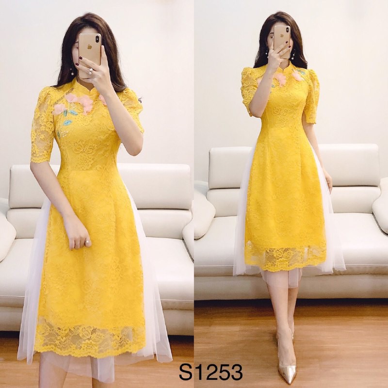 [ xả kho ] MiD Set áo dài S1253 vàng cách tân ren cao cấp kèm ảnh thật