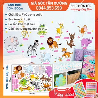 Decal dán tường động vật có tiếng anh cho bé, tranh hình sticker decal dán tường cho bé