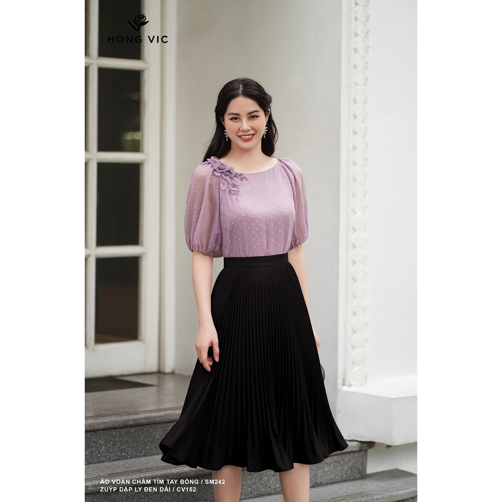 Áo nữ thiết kế Hong Vic voan chấm tím tay bồng SM242