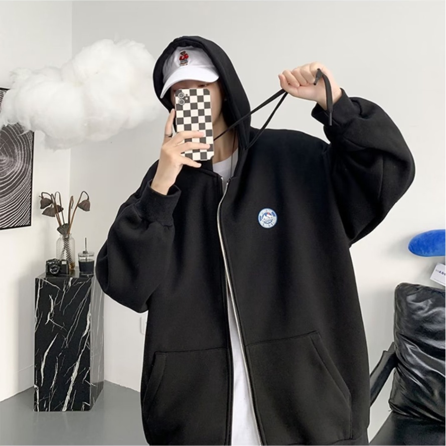 Áo Khoác dây kéo nam Có Nón Dáng Rộng Màu Trơn áo hoodie dây kéo Phối Khóa Kéo Đơn Giản Thời Trang Hàn Quốc áo khoác hoodie nam nữ