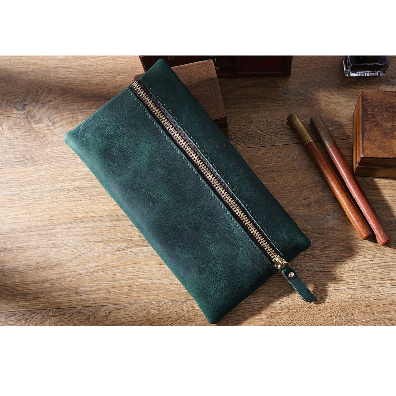 Túi Đựng Bút Bằng Da Bò Có Khóa Kéo Tiện Dụng