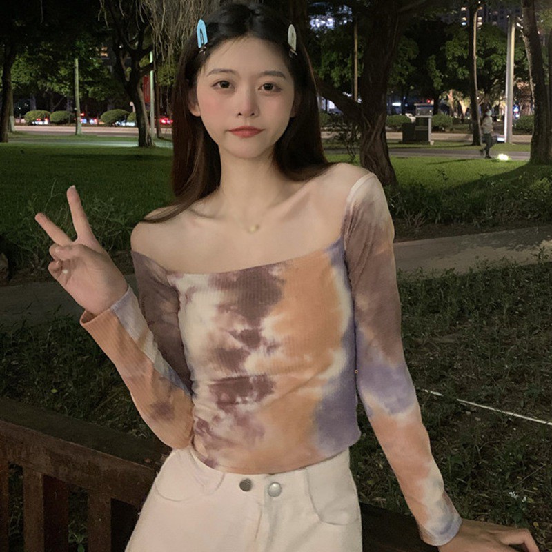 Áo Dệt Kim Tay Dài Hở Vai Màu Nhuộm Phong Cách Hàn Quốc