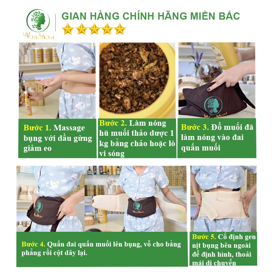 [ Giảm 50K - Đơn 479K ] Liệu trình giảm eo sau sinh Wonmom ( 1 Muối quấn bụng + Dầu gừng + Đai muối + Gen nịt bụng )