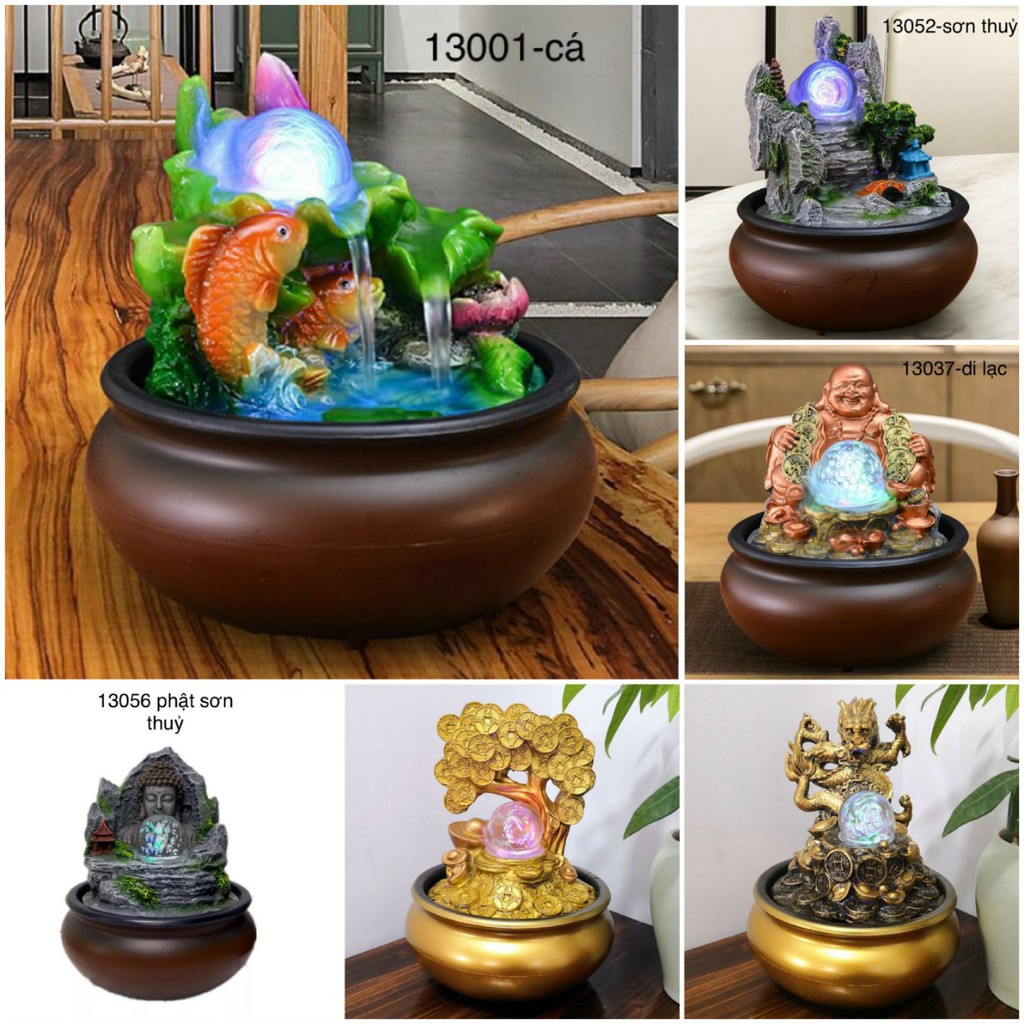 Thác nước phong thủy tài lộc cao 21cm tặng kèm máy bơm và quả cẫu thủy tinh (nhiều mẫu)