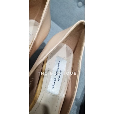 Giày cao gót ADWEINA chính hãng da bóng tag ngang kem, đen 7cm size 34 35 36 38 39