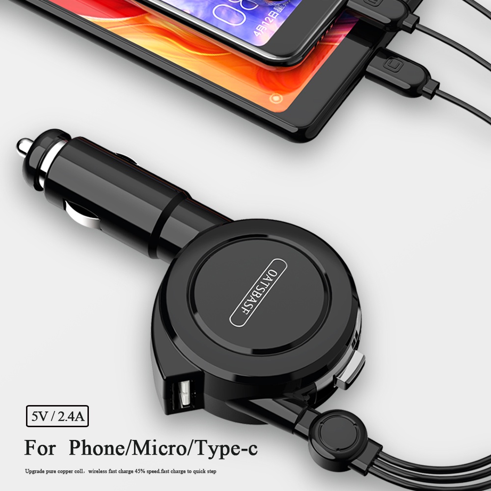 Dây Cáp Sạc Nhanh 3 Trong 1 Type C Micro Usb Có Thể Thu Gọn Cho Xe Hơi