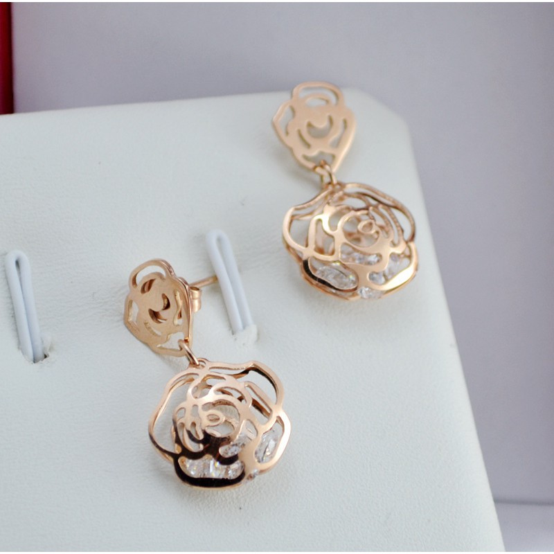 Bông Tai Mạ Vàng Hồng 18K Đính Kim Cương Giả Sang Trọng Không Gây Dị Ứng