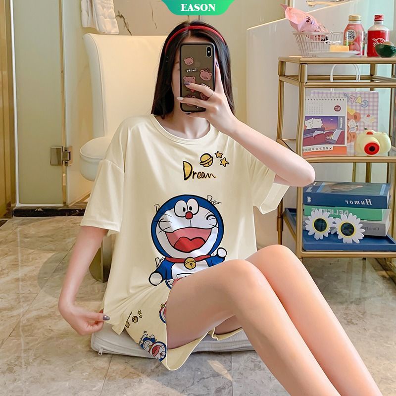 Bộ Đồ Ngủ 3 Món Tay Ngắn In Hình doraemon Dễ Thương Dành Cho Bạn Nữ Mặc Ở Nhà