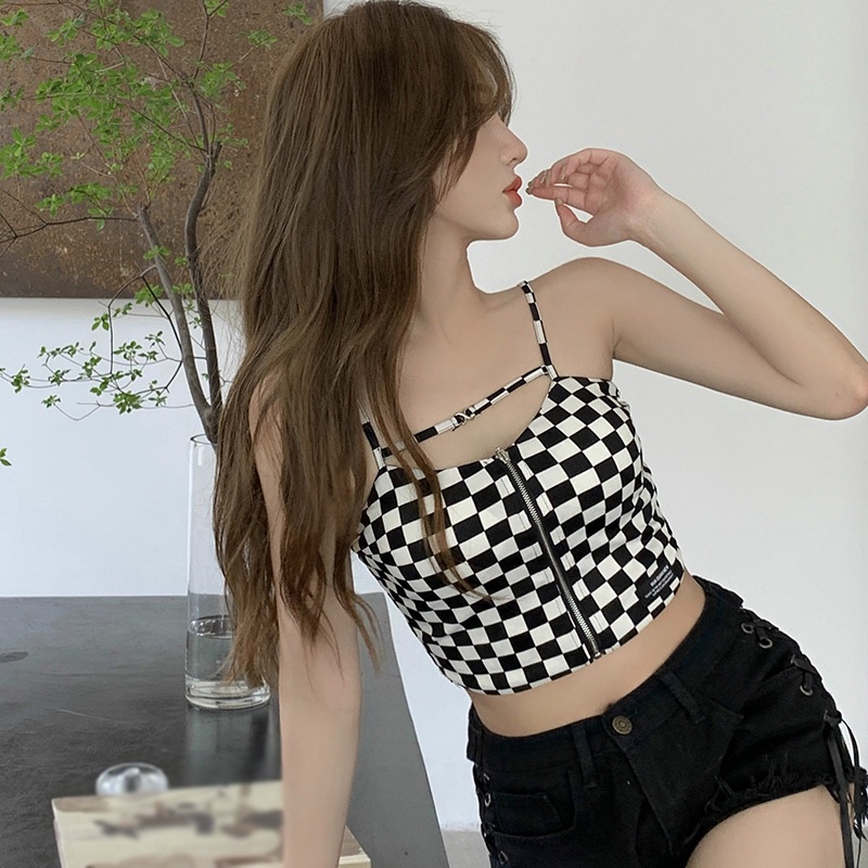 Áo croptop hai dây dáng ôm kẻ sọc caro phối khóa kéo quyến rũ Hàn Quốc dành cho nữ
