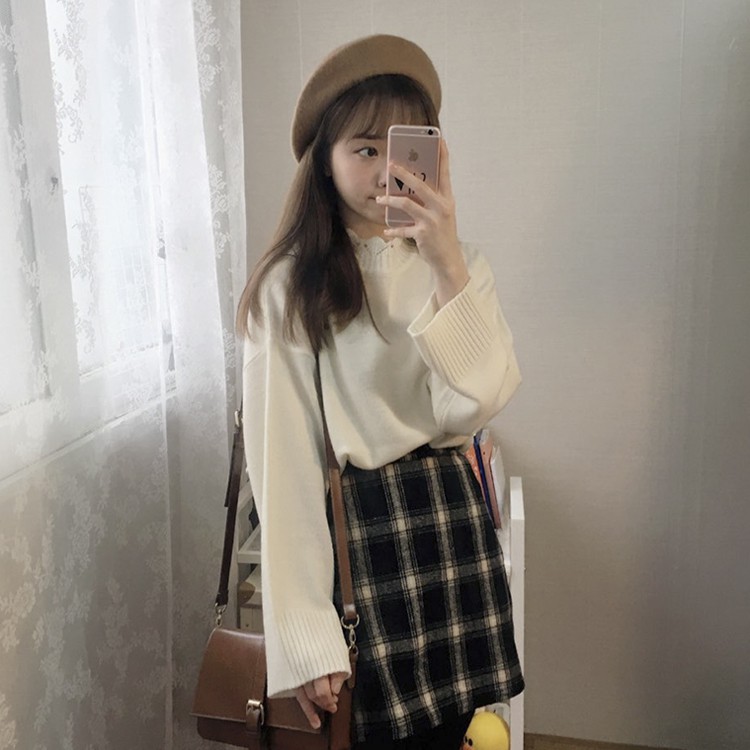 Áo Sweater Dệt Kim Tay Dài Dáng Rộng Cổ Cánh Hoa Kiểu Hàn Quốc Thời Trang Mùa Thu Cho Nữ