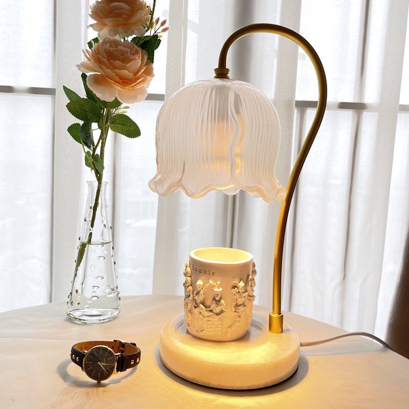 Đèn đốt nến thơm, hoa trắng đế đá siêu xinh, có chế độ hẹn giờ, điều chỉnh ánh sáng