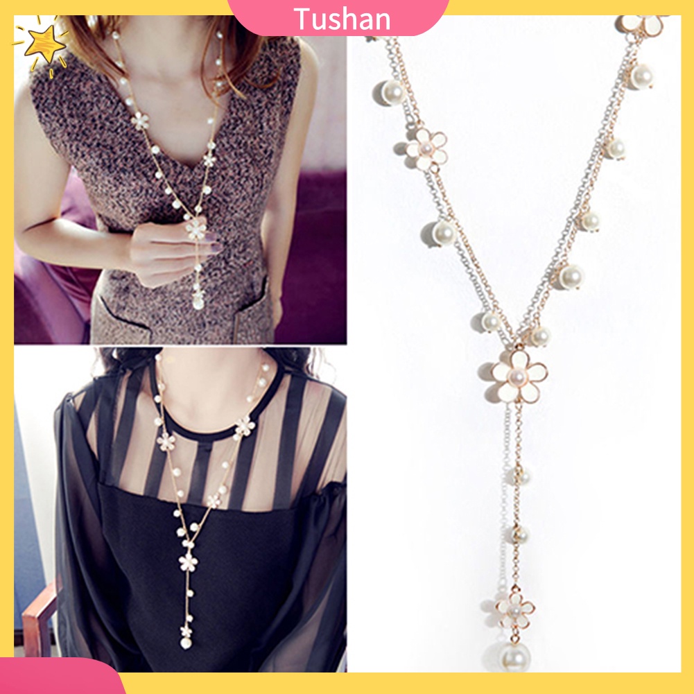 TUSH_Women's Fashion Korean Style Faux Pearl Flowers Long Necklace Chain