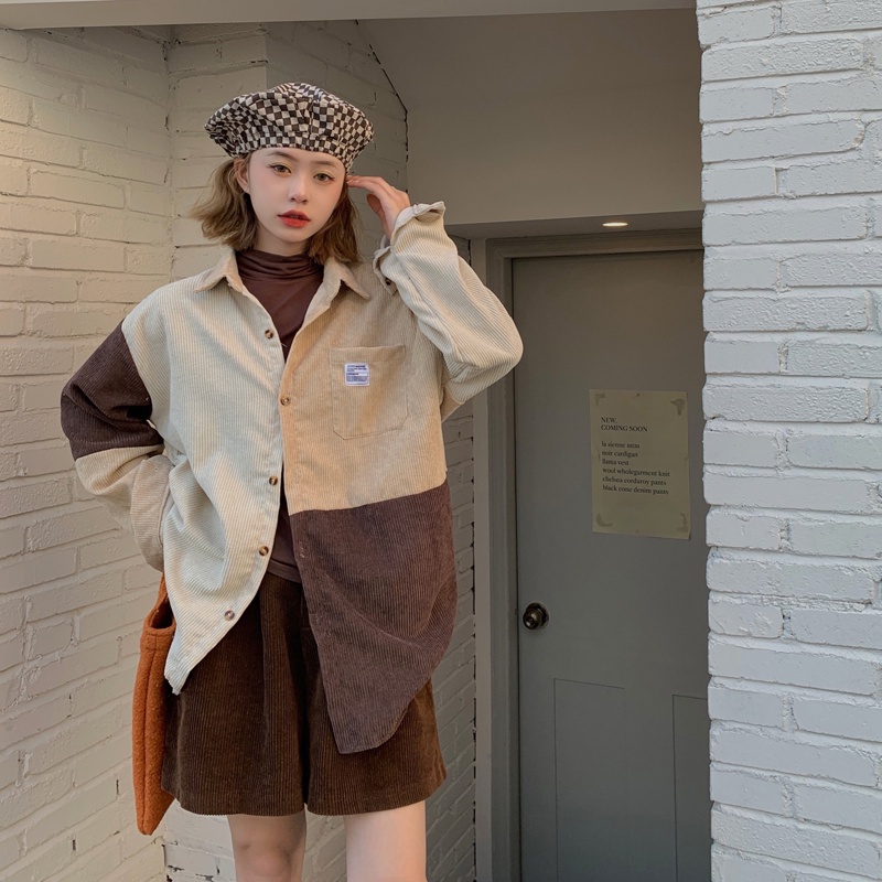 Áo khoác SUXI tay dài vải nhung phối màu tương phản thời trang mùa thu phong cách Hàn Quốc cho nữ