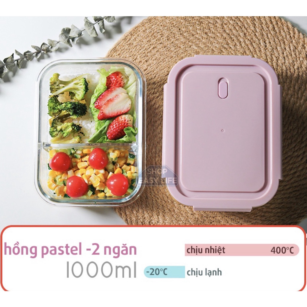 Hộp Thủy Tinh 1L 2 Ngăn Red Cherry - Hộp Cơm Văn Phòng Chịu Nhiệt, Chống Tràn - Dùng Được Lò Vi Sóng