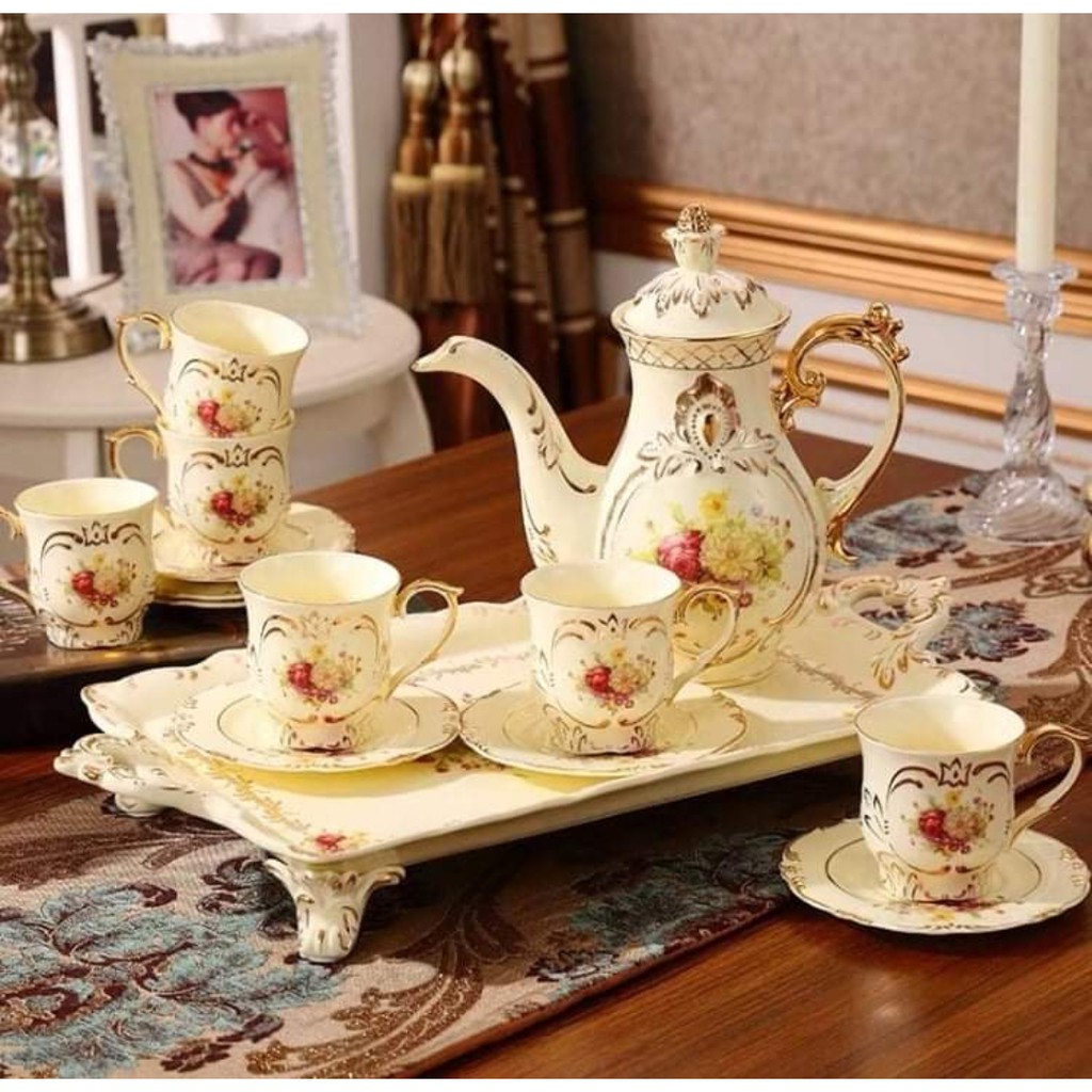 BỘ ẤM CHÉN HOA MẪU ĐƠN PHONG CÁCH HOÀNG GIA KÈM KHAY VIỀN VÀNG CAO CẤP