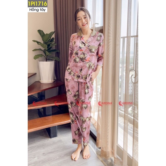 Đồ Bộ Pijama Nữ 𝐂𝐀𝐑𝐃𝐈𝐍𝐀  Chất Lụa Satin Nhật Cao Cấp Quần Dài, Tay Lỡ Họa Tiết  Sang Trọng 1Pi17.