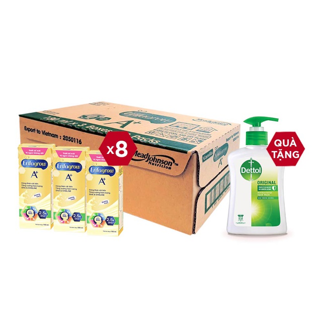 [Tặng Nước Rửa Tay Diệt Khuẩn Dettol 250g] Thùng 24 Hộp Sữa Bột Pha Sẵn Enfagrow A+ Hương Vị Vanilla 180ml/hộp