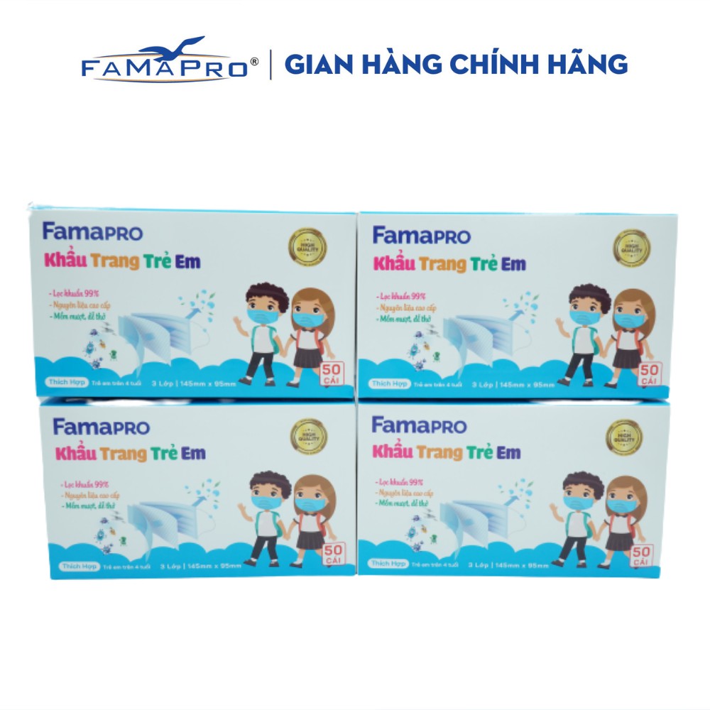 [HỘP-50 CÁI-QUAI THUN] COMBO 4 HỘP Khẩu trang y tế trẻ em kháng khuẩn 3 lớp Famapro max kid