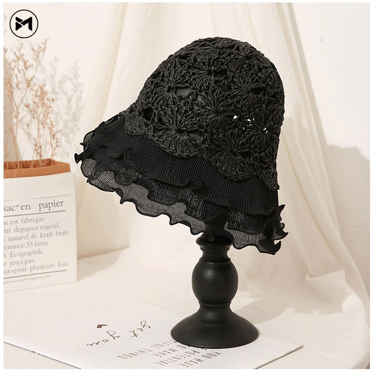 Nón Tai Bèo Đan Cói Phối Ren Thoáng Khí Chống Nắng Thời Trang Xinh Xắn Cho Nữ