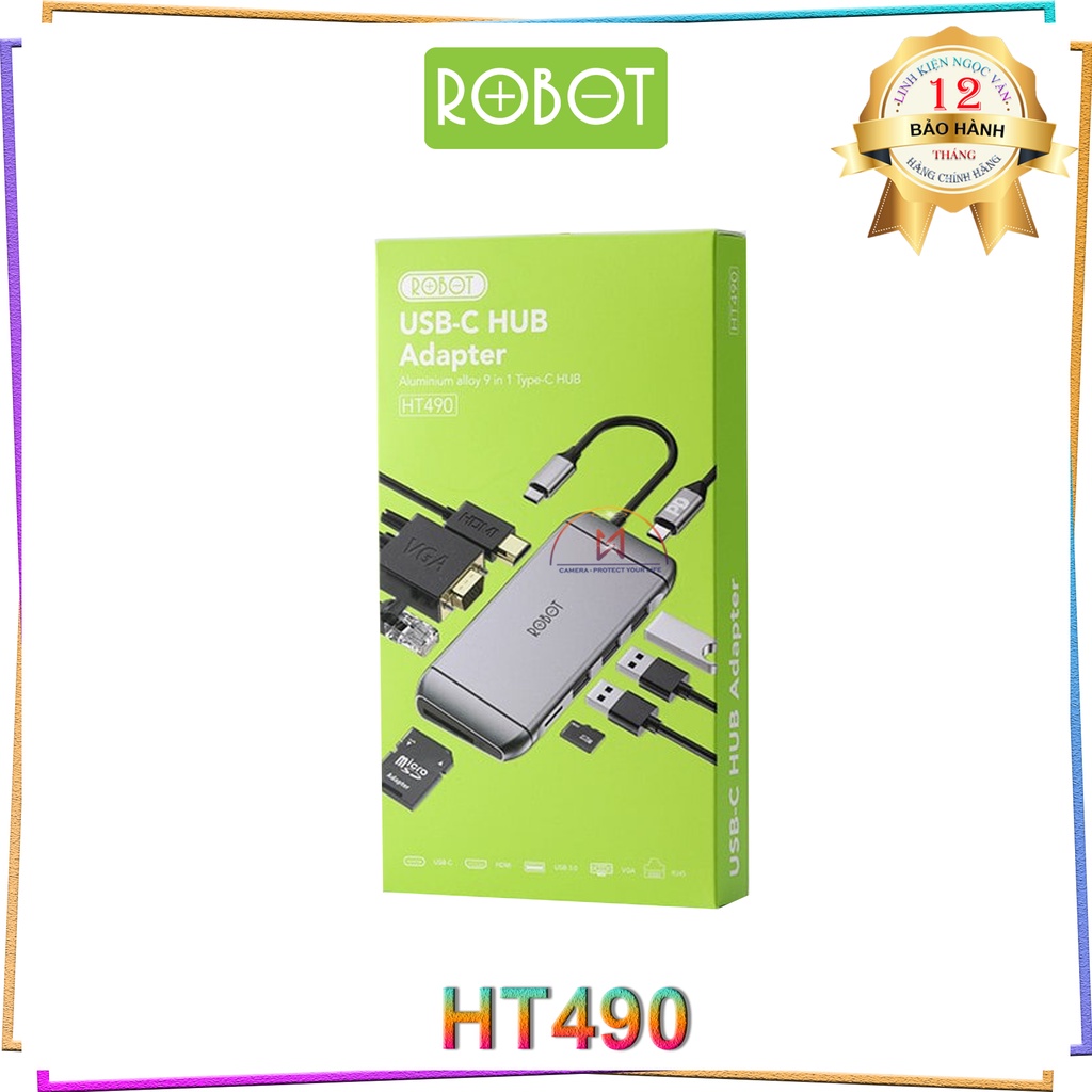 HUB Chuyển Đổi 9in1 ROBOT HT490 Type-c cổng USB 3.0/2.0/ HDMI/PD/SD/TF/PD/VGA/Ultra HD 4K