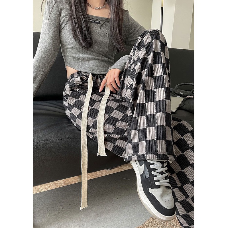 Quần dài IELGY eo cao in họa tiết caro thời trang cho nữ