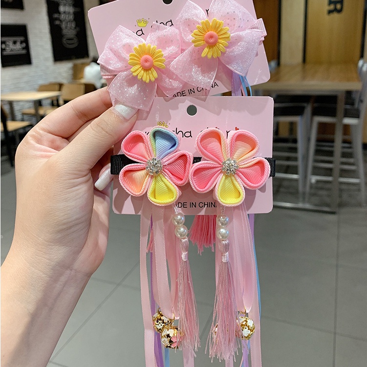 Cặp Kẹp Tóc Đính Nơ Tua Rua Phong Cách Cổ Điển Xinh Xắn