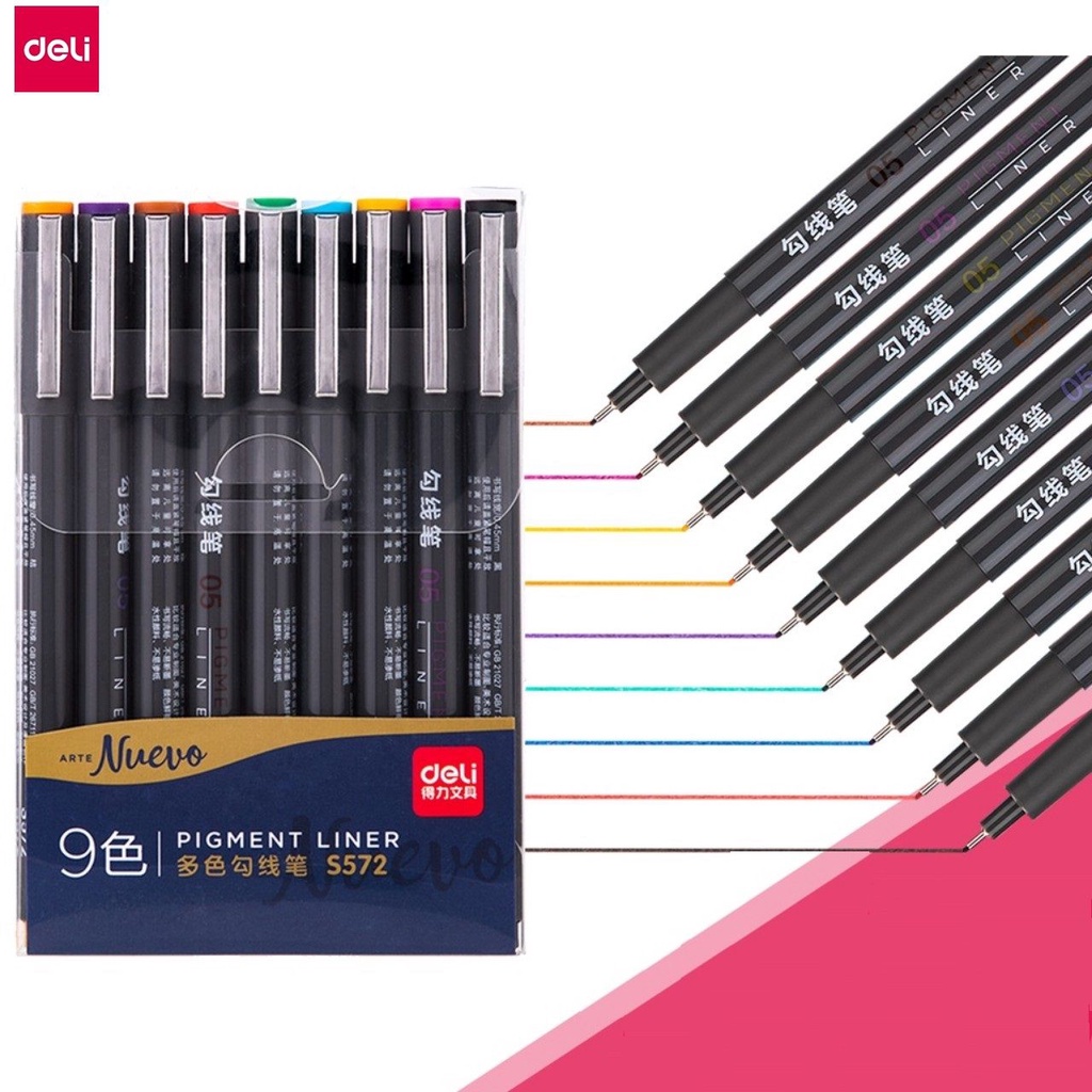 Bút đi nét liner , bút viết kỹ thuật 9 màu ngòi bọc kim loại 0.5mm Deli S572 (Hộp bút 9 màu)