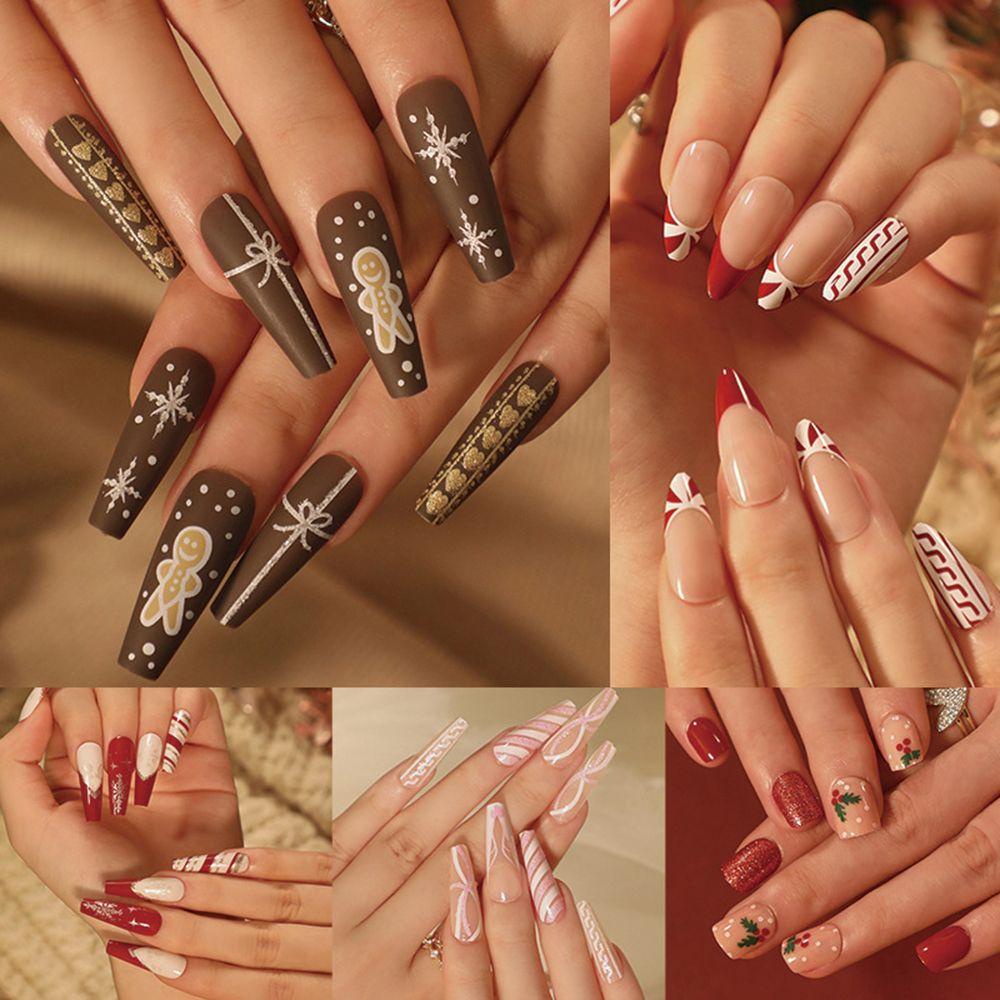 Bộ 24 Móng Tay Giả Hình Người Tuyết / Bánh Gừng / Hoa Tuyết