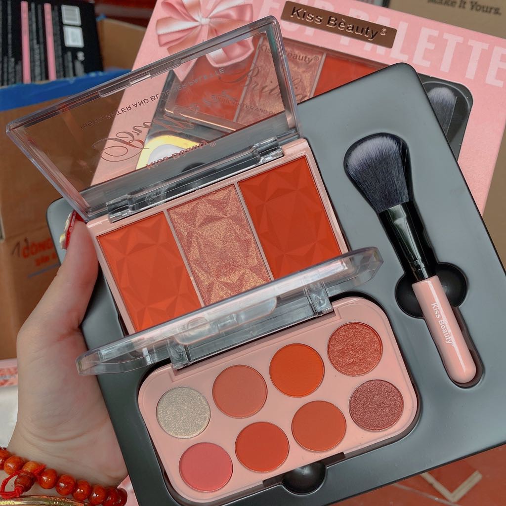 Bảng phấn nơ 3 trong 1: mắt má highnight kèm chổi Kissbeauty | BigBuy360 - bigbuy360.vn