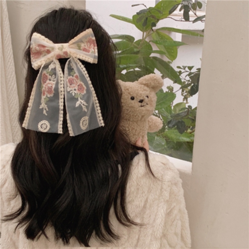 Kẹp Tóc Nơ Lớn Thêu Họa Tiết Phong Cách Hàn Quốc Cho Nữ