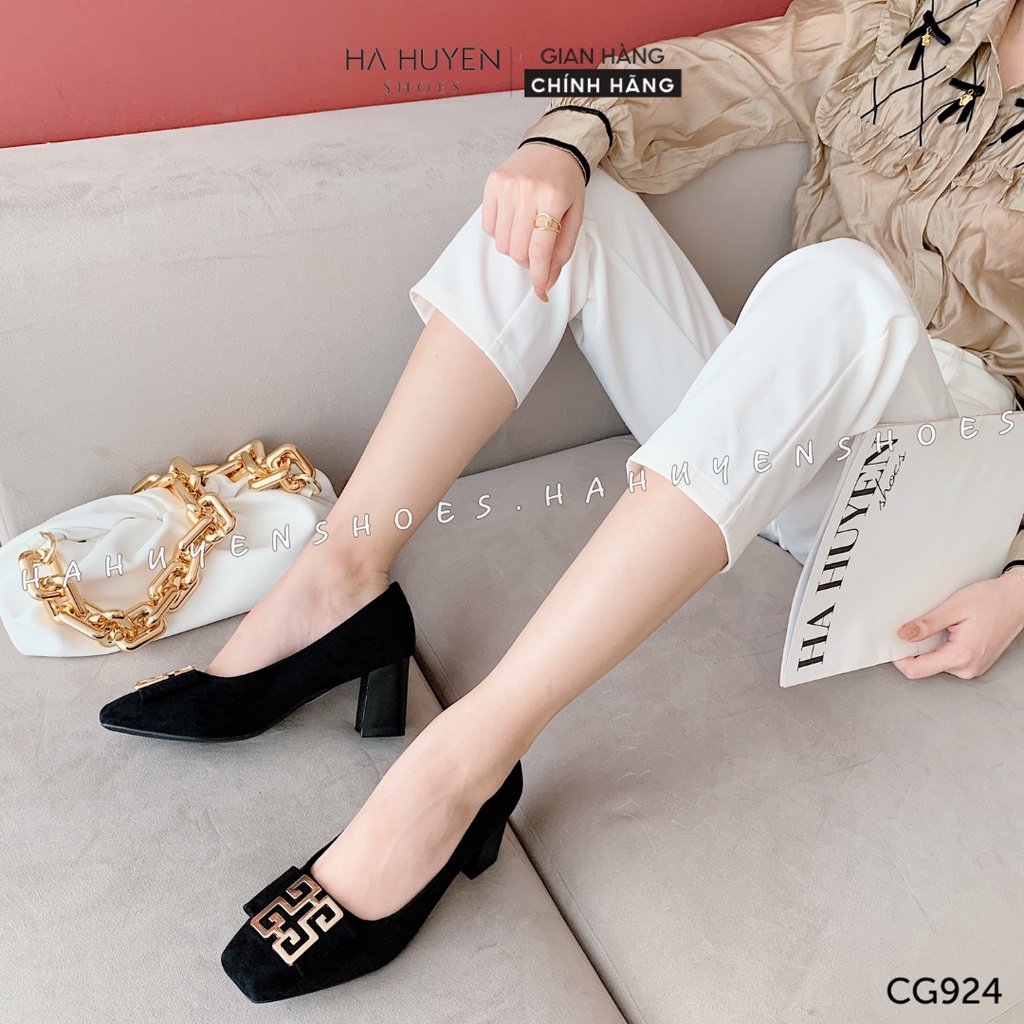 Giày cao gót nữ Hà Huyền Shoes da lộn khóa xoắn gót vuông vàng GV 5p - CG924