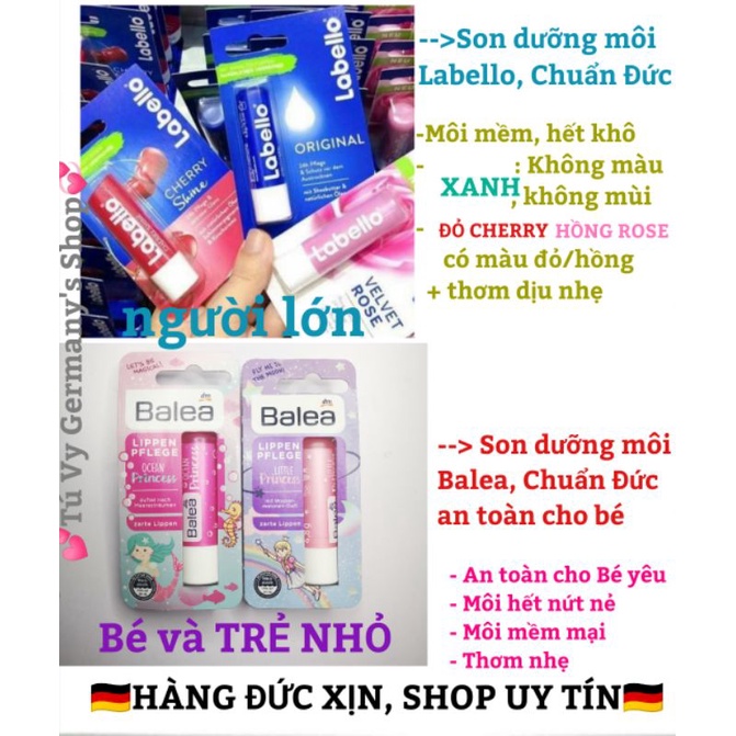 Son dưỡng 2 hãng Labello & hãng Balea môi MỀM, Thơm cho người lớn và loại cho Bé, CHUẨN ĐỨC