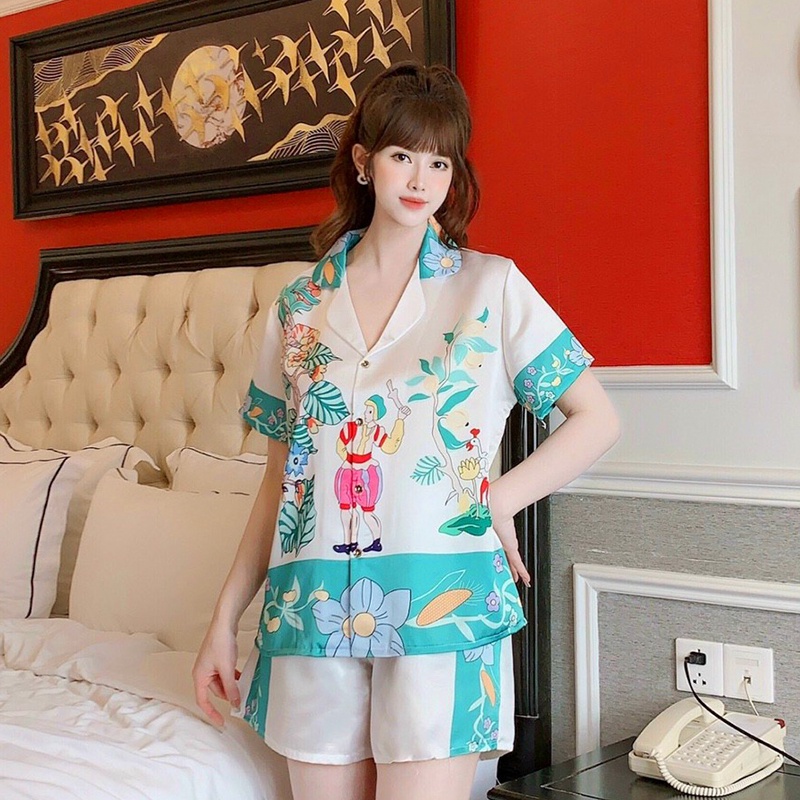 Đồ mặc nhà quần đùi lụa latin, Pijama thiết kế freesize dưới 60kg