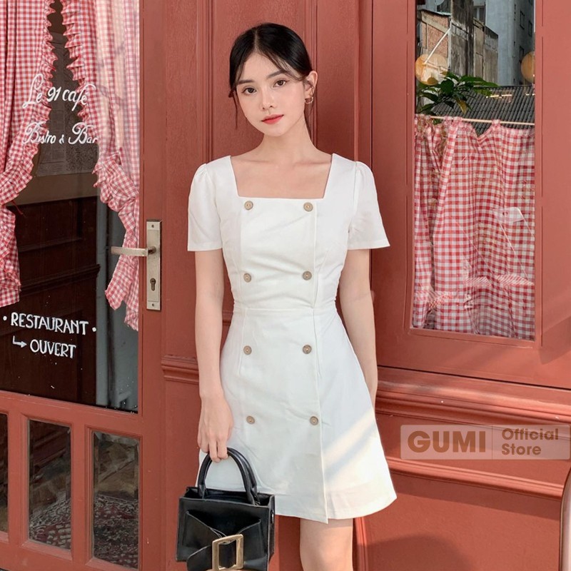 Váy nữ dự tiệc dáng chữ A cổ vuông tay phồng nút gỗ - Đầm dự tiệc Gumi trẻ trung sang trọng GM2073 | BigBuy360 - bigbuy360.vn