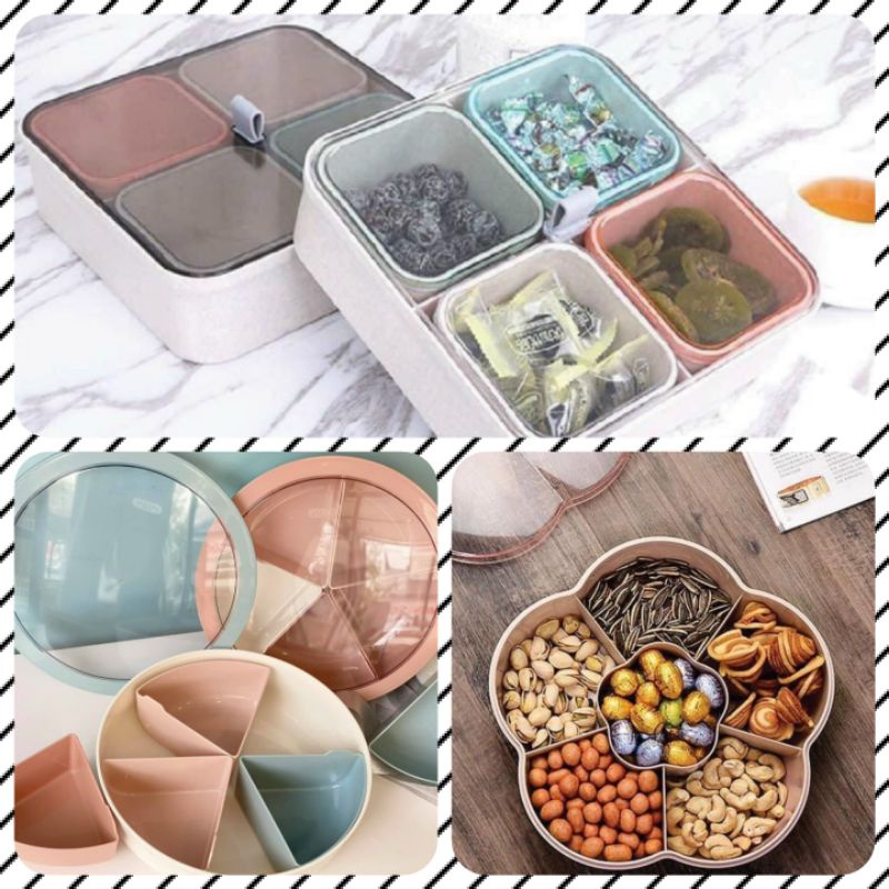 # Hot - tết # Hộp (khay) đựng mứt, bánh kẹo ngày tết hình tròn, vuông, cánh hoa nhựa đẹp inochi - nhật (ảnh thật)