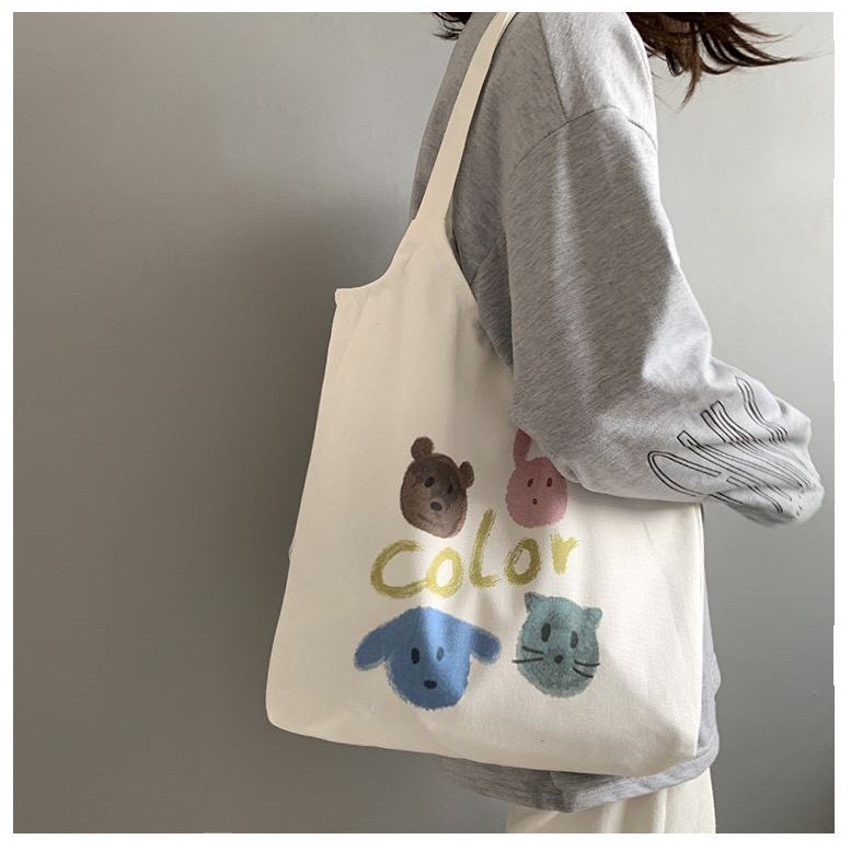 Túi vải Tote - Túi Vải Canvas  - Túi Đeo vai Color họa tiết hình thú dễ thương siêu hot 2020