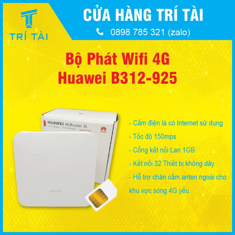 Bộ Phát Router Wifi 4G Huawei B312 -925 - Tốc Độ 150Mpbs - Cổng LAN 1GB - Kết Nối 32 Thiết Bị - Hàng chính hãng